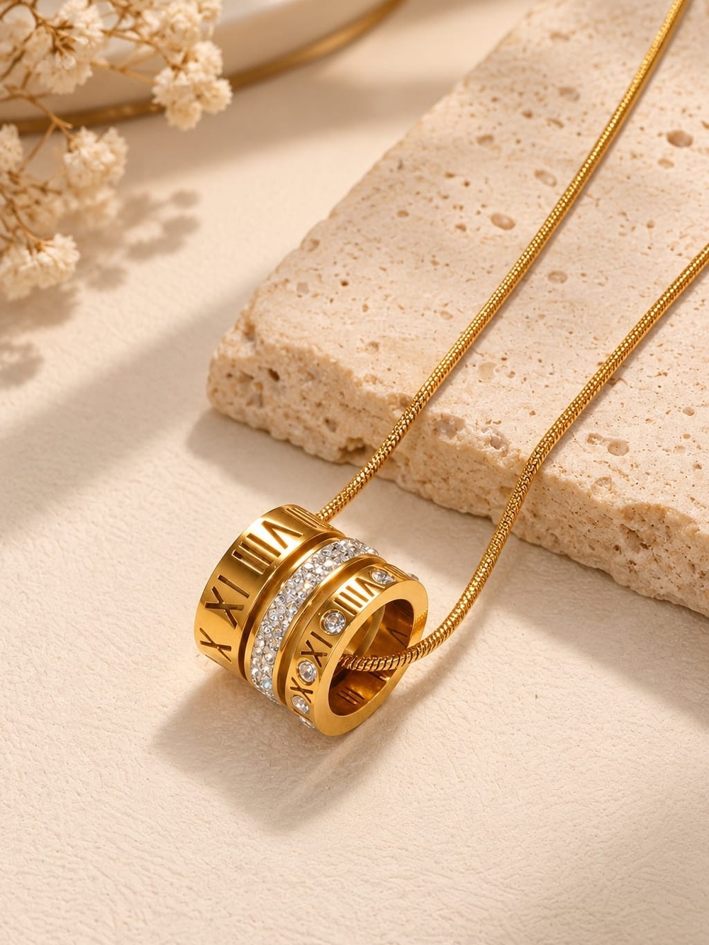 Anthropologie Gold Roman Numeral & Crystal Layered Pendant Necklace